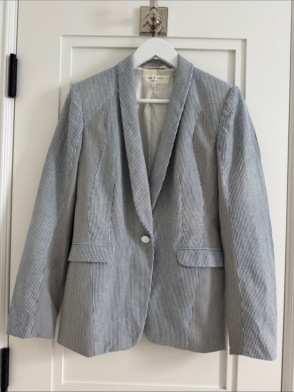 rag & bone, Blue and White striped cotton and linen Stripe Blazer. Size 6.